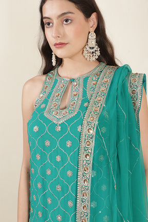 Teal Green Color Georgette Zari & Sequins Embroidered Suit With Gharara