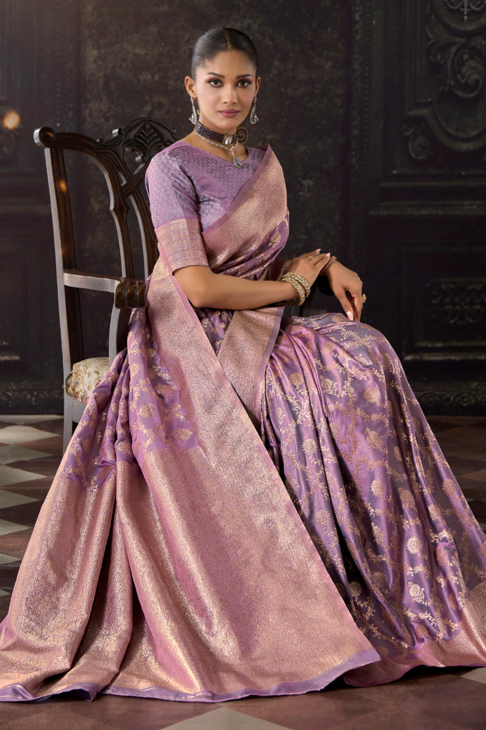 Light Mauve Katan Silk Banarasi Woven Saree