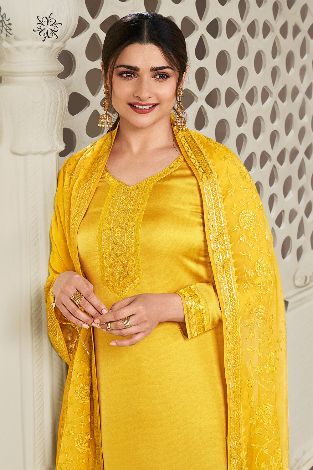 Mustard  Color Chinon Resham Embroidered Unstitched Suit Material