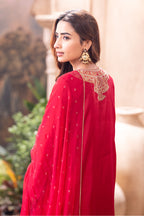 Cherry Red Zari & Sequins Embroidered Silk Suit