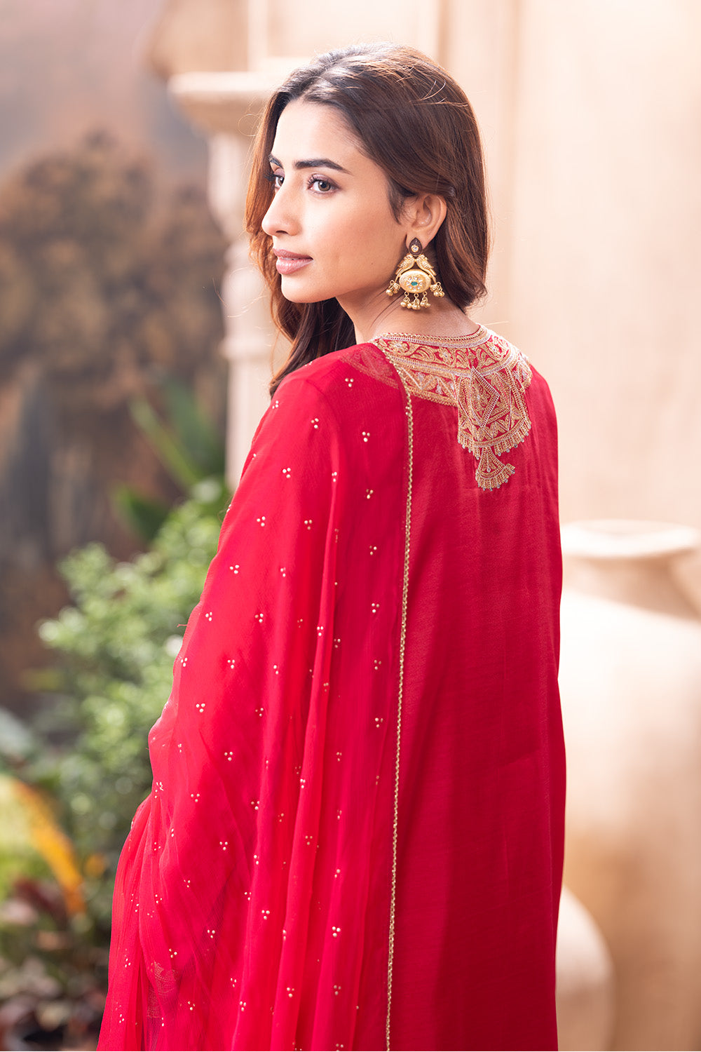 Cherry Red Zari & Sequins Embroidered Silk Suit
