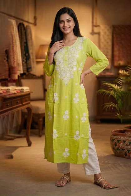 Ombre Green Resham Embroidered Rayon Cotton Kurta