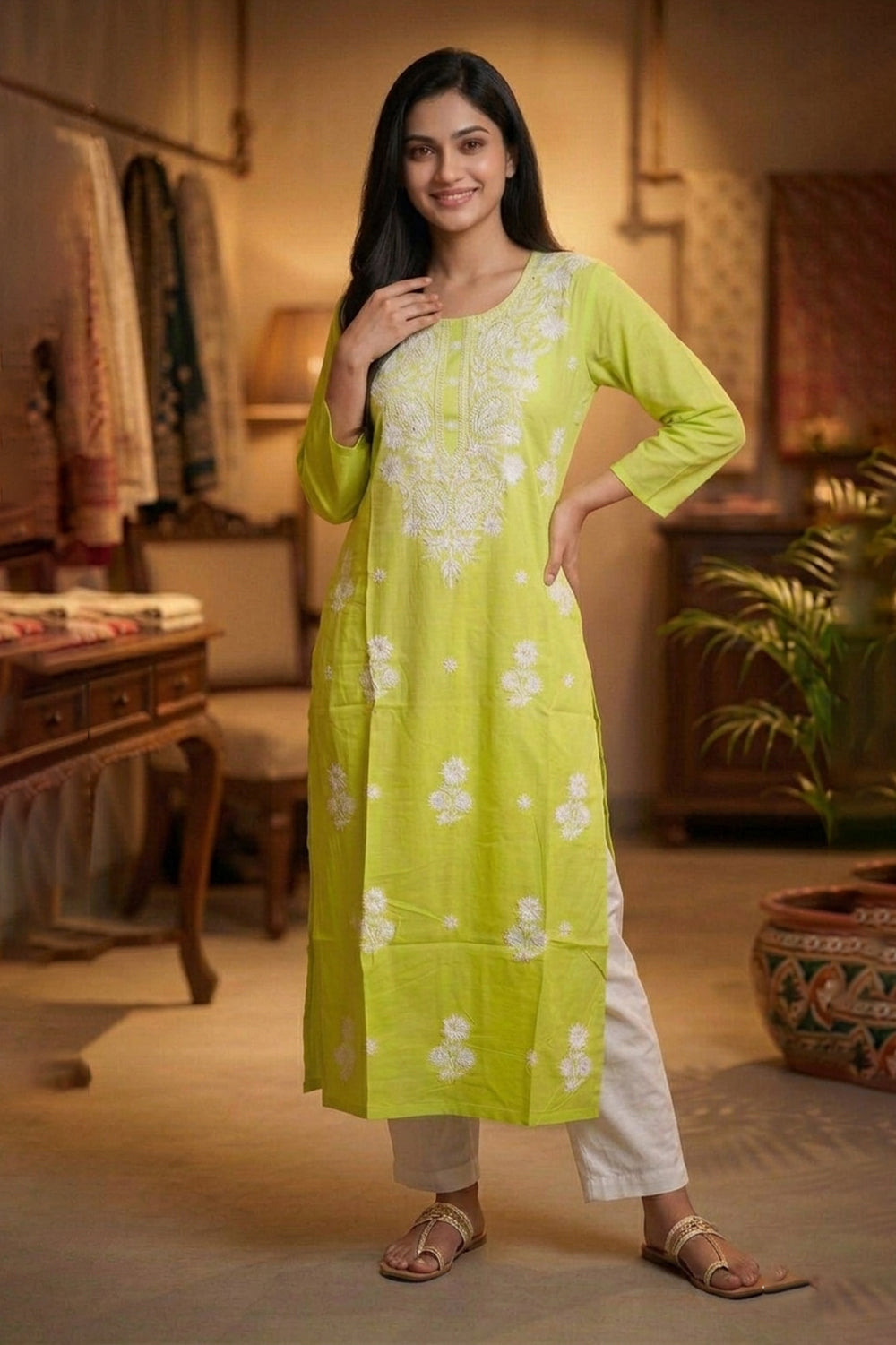 Ombre Green Resham Embroidered Rayon Cotton Kurta