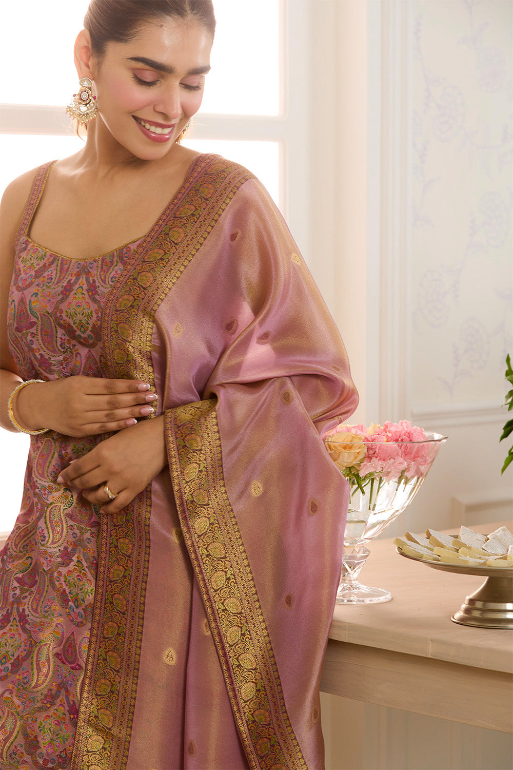 Mauve Banarasi Khaddi Georgette Woven Unstitched Suit Material