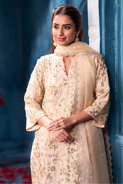 Cream Metallic Tissue Cut-dana And Sequins Embroidered Suits