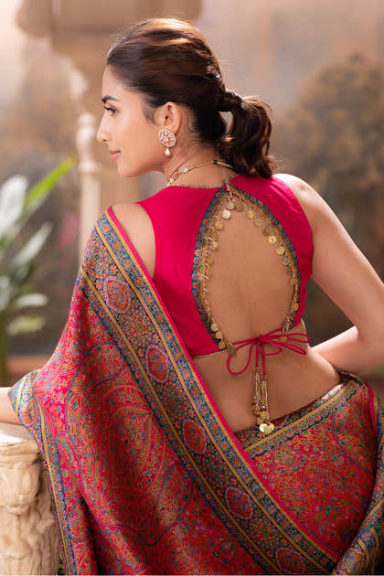 Magenta Pink Position Print Woven Silk Saree
