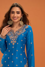 Blue Crepe Silk Cut-Dana And Sequins Embroidered Suit With Palazzo