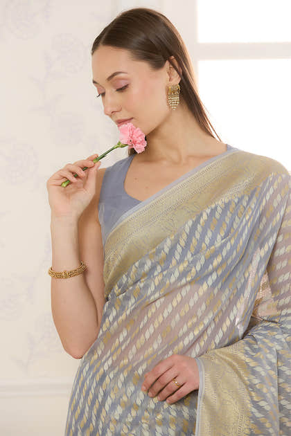 Grey Metalic Tissue Zari Woven Saree