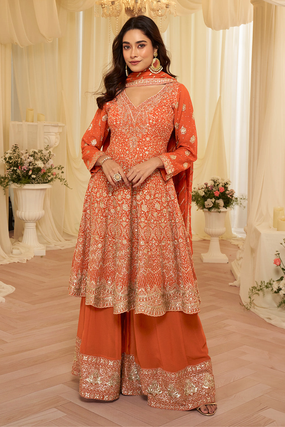Orange Georgette Embroidered Anarkali Suit Set