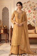 Fawn Metallic Tissue Neck-Embroidered Suit