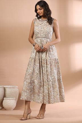 Beige & Cream Color Cotton Printed Peonies Dress