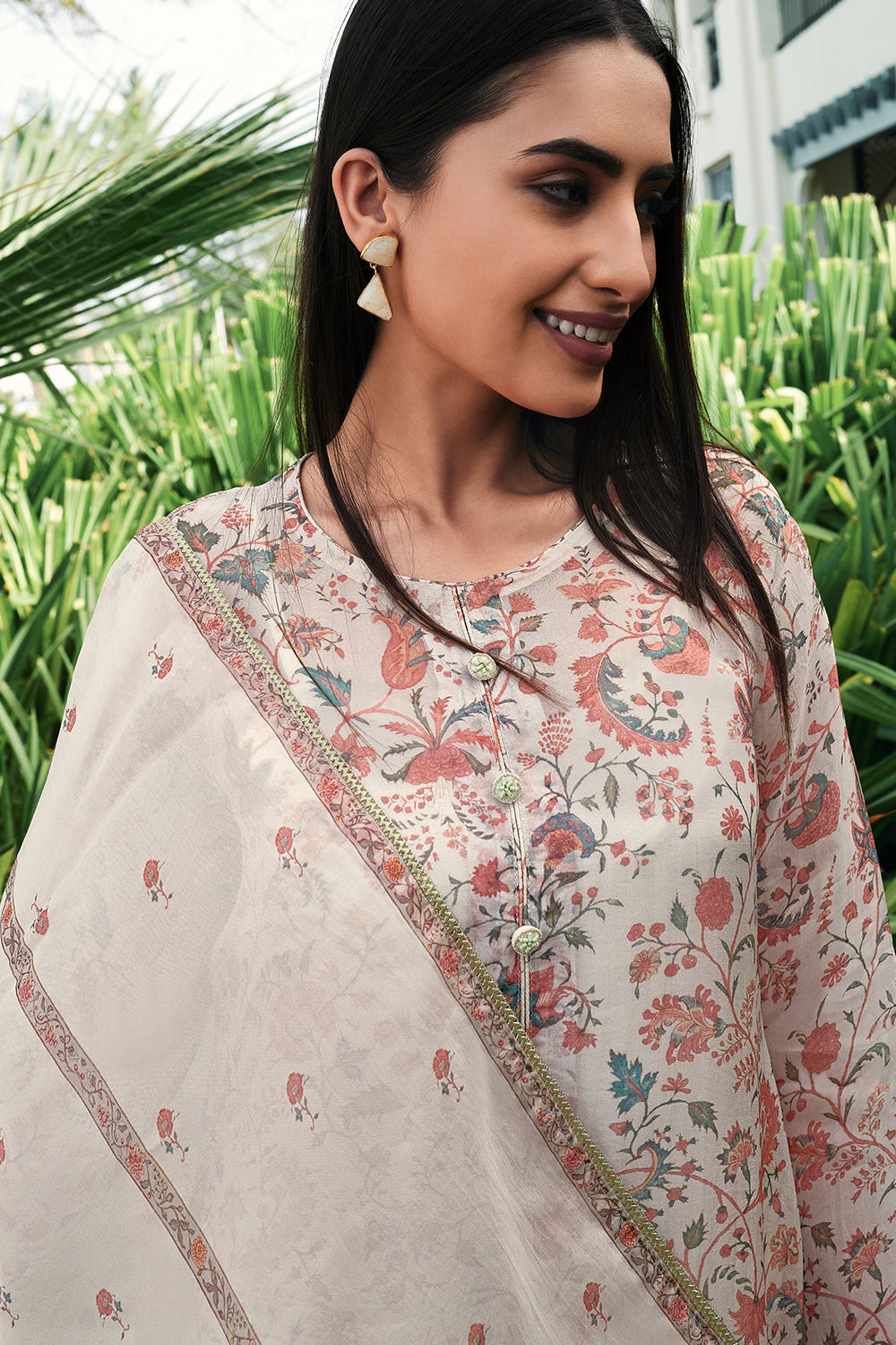 Cream Color Floral Printed Unstitched Suit Material
