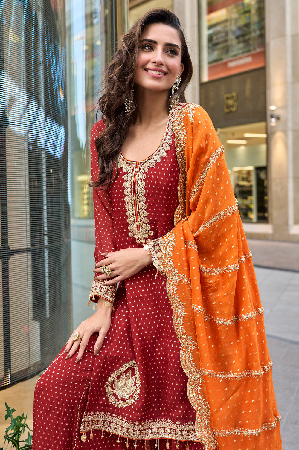 Maroon Color Crepe Silk Embroidered Suit With Palazzo
