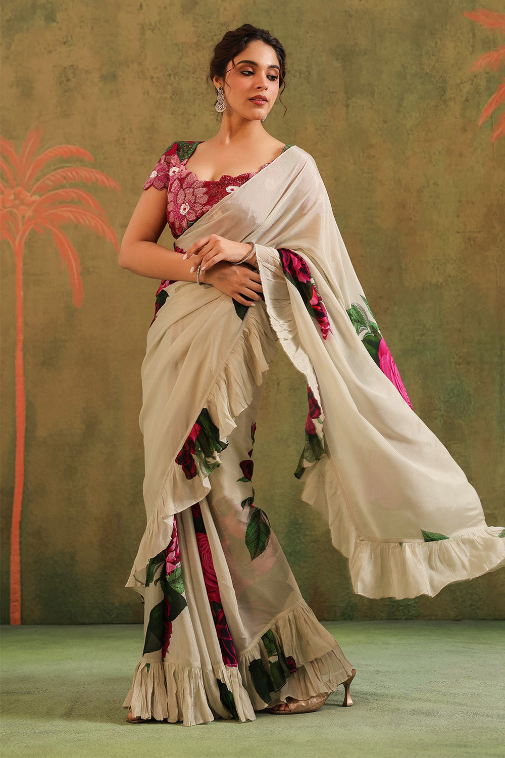 Cream Pure Crepe Silk Floral Printed Ruffled Saree With Readymade Cut-Dana Embroidered Blouse