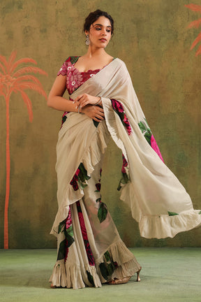 Cream Pure Crepe Silk Floral Printed Ruffled Saree With Readymade Cut-Dana Embroidered Blouse