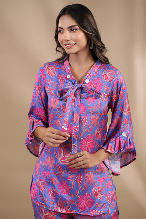 Purple Colour Muslin Printed Co-Ord Set