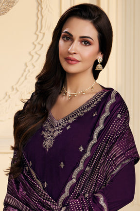 Purple Velvet Zari and Sequins Embroidered Unstitched Suit Fabric