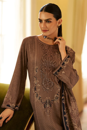 Brown Spun Printed and Embroidered Unstitched Suit Material