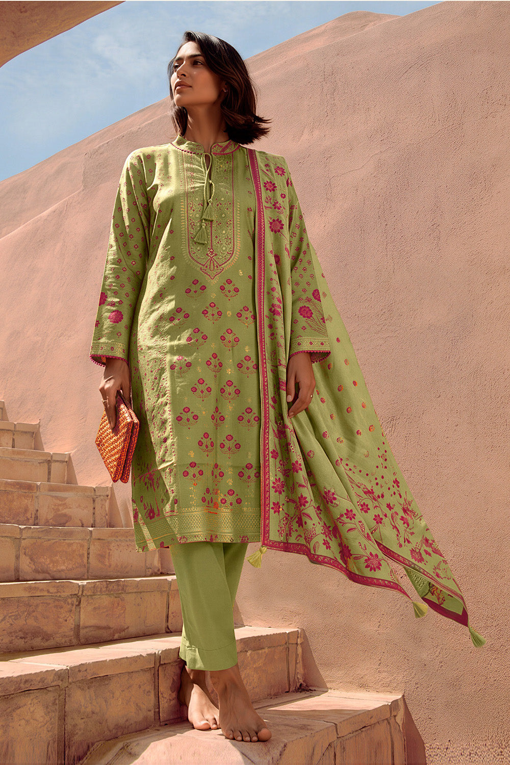 Green Silk Embroidered And Floral Printed Unstitched Suit Fabric