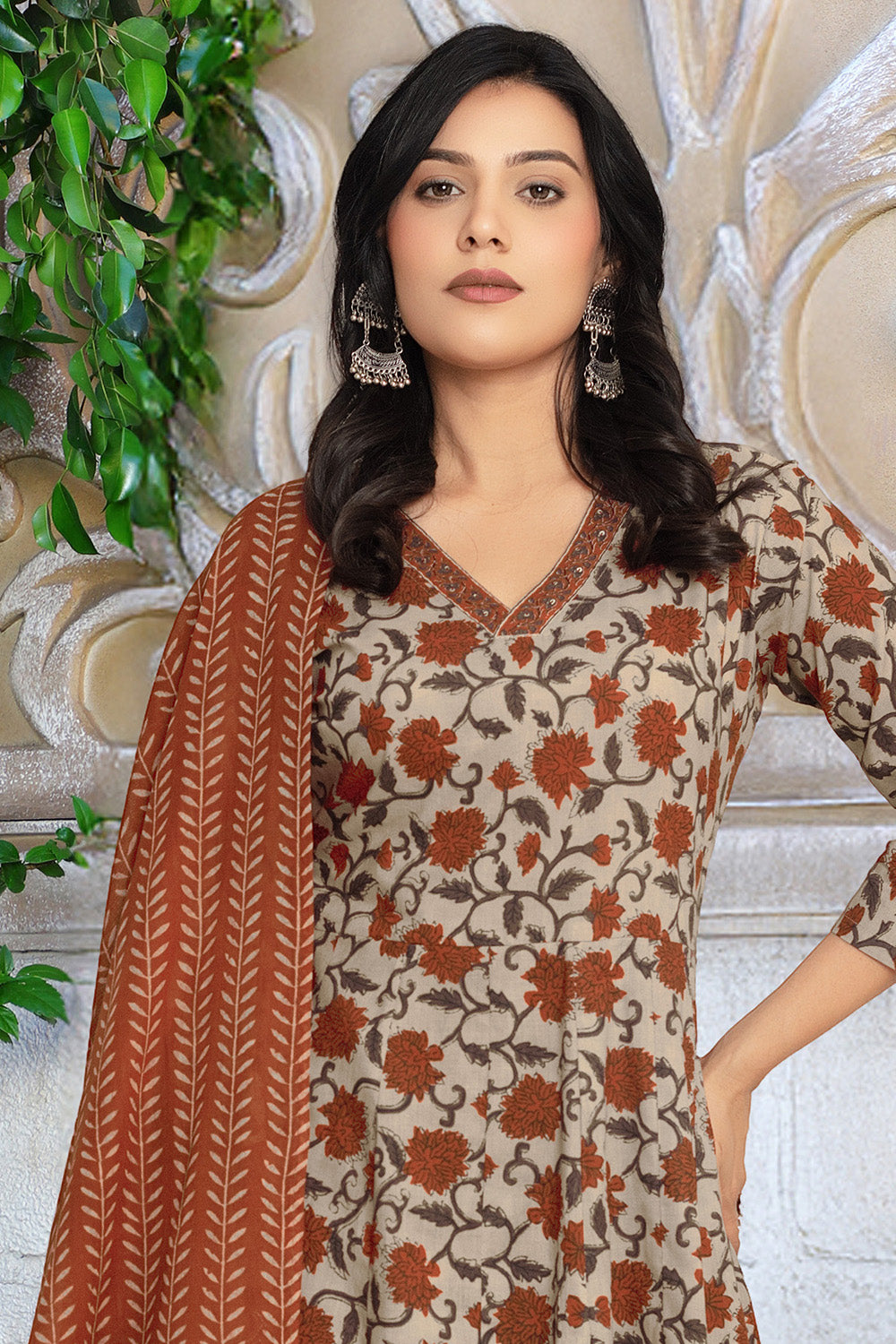 Beige & Rust Cotton Floral Printed Floor Lenght Anarkali Suit
