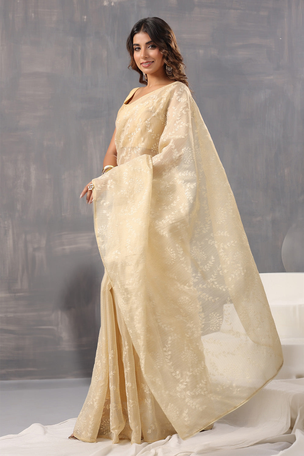 Beige Color Cotton Silk Thread Embroidered Saree