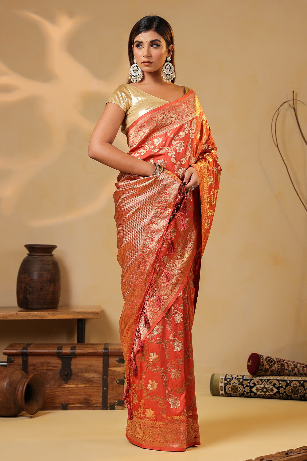 Dark Peach Zari Floral Woven Silk Saree