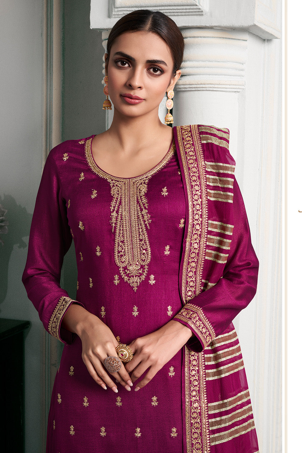 Mulberry Color Embordered Crepe Silk Unstitched Suit Material