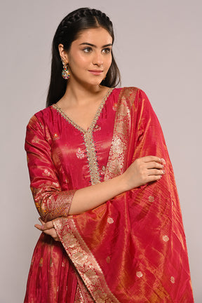 Fuchsia Pink Color Mantellic Tissue Embroidered and Woven Anarkali Suit