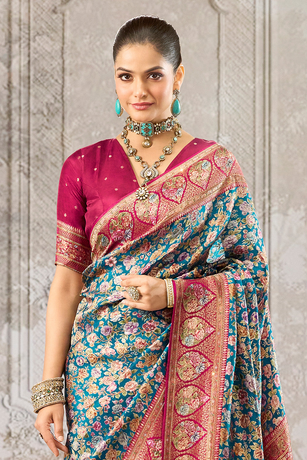 Blue Color Position Print Woven Silk Saree With Swarovski Work