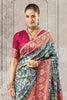 Blue Color Position Print Woven Silk Saree With Swarovski Work
