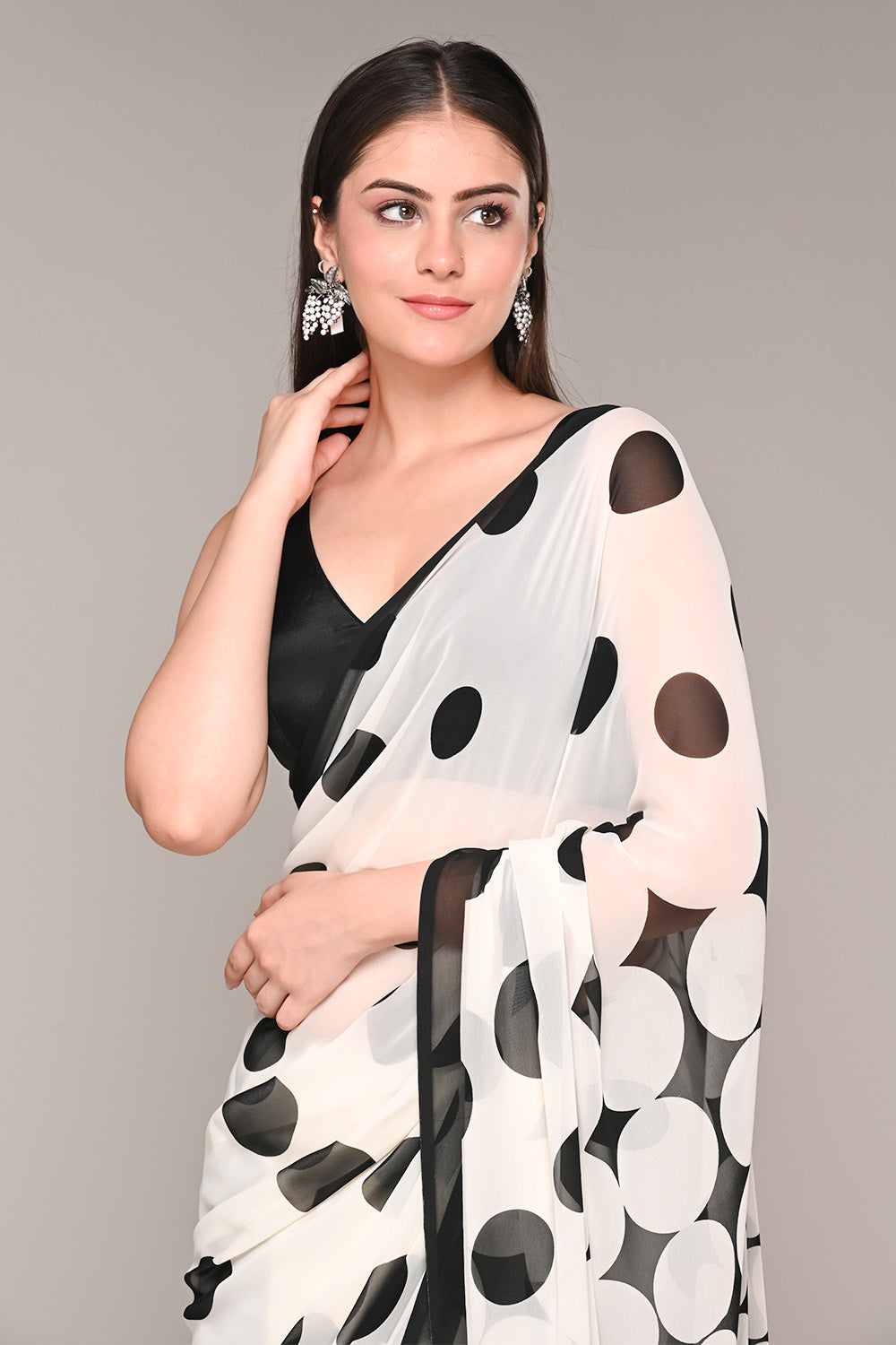 Cream And Black Color Polka-Dot Georgette Printed Saree