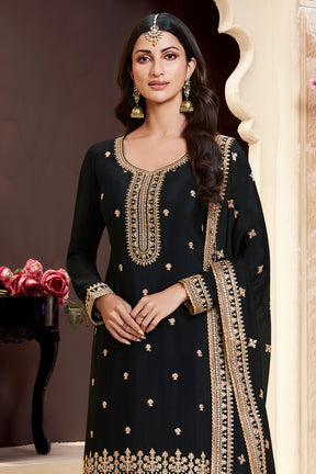 Black Color Embroidered Chinon Silk Unstitched Suit Fabric with Embroidered Palazzo