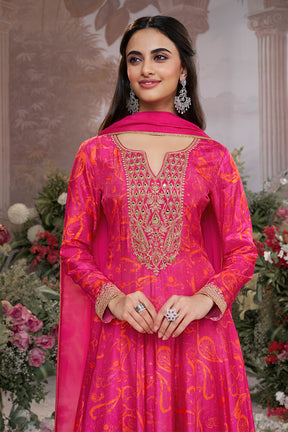 Magenta Pink Printed & Emboridered Anarkali Suit