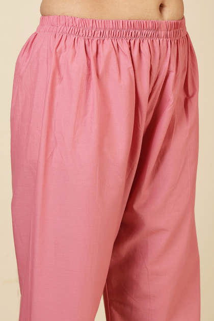 Pink Cotton Emboridered And Printed Suit Set