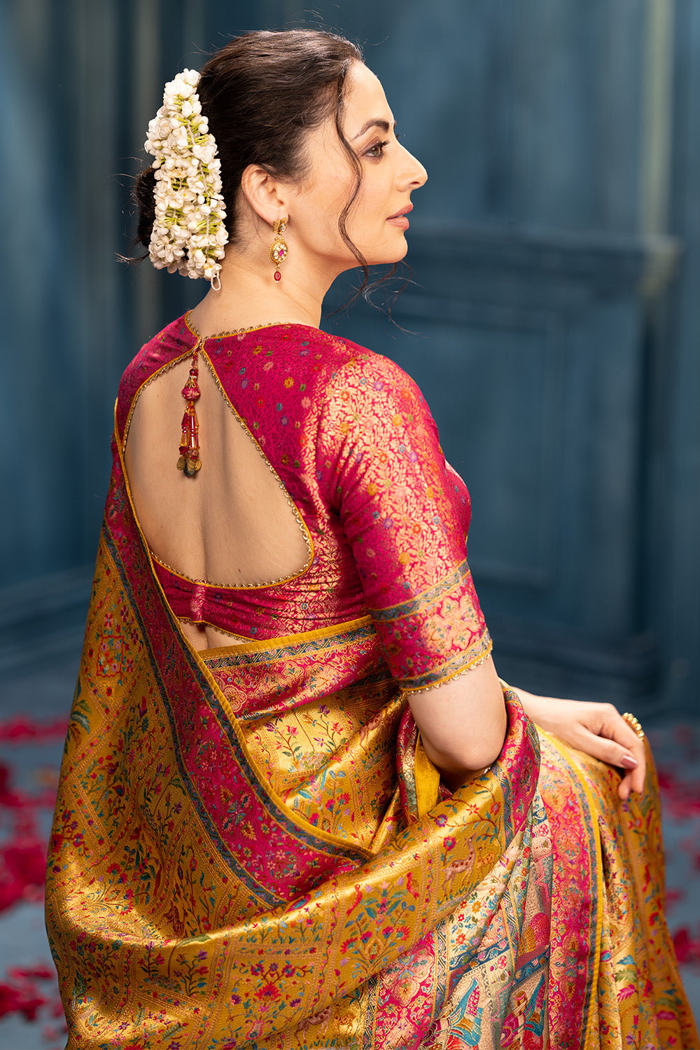 Mustard Position Print Woven Silk Saree