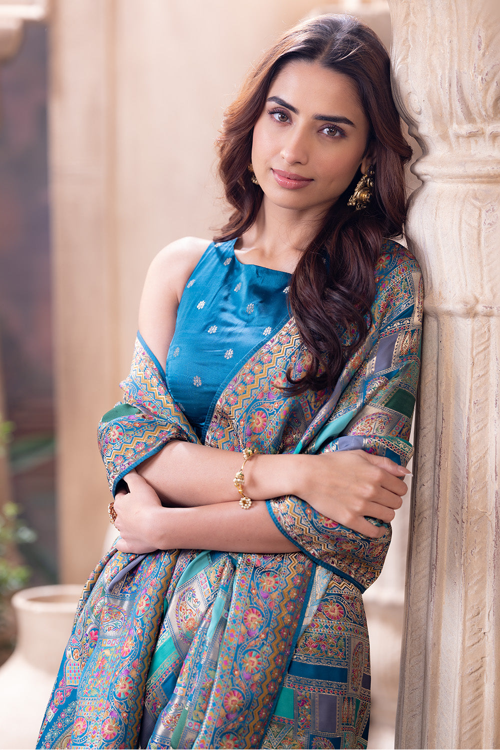 Teal Blue Position Print Woven Silk Saree