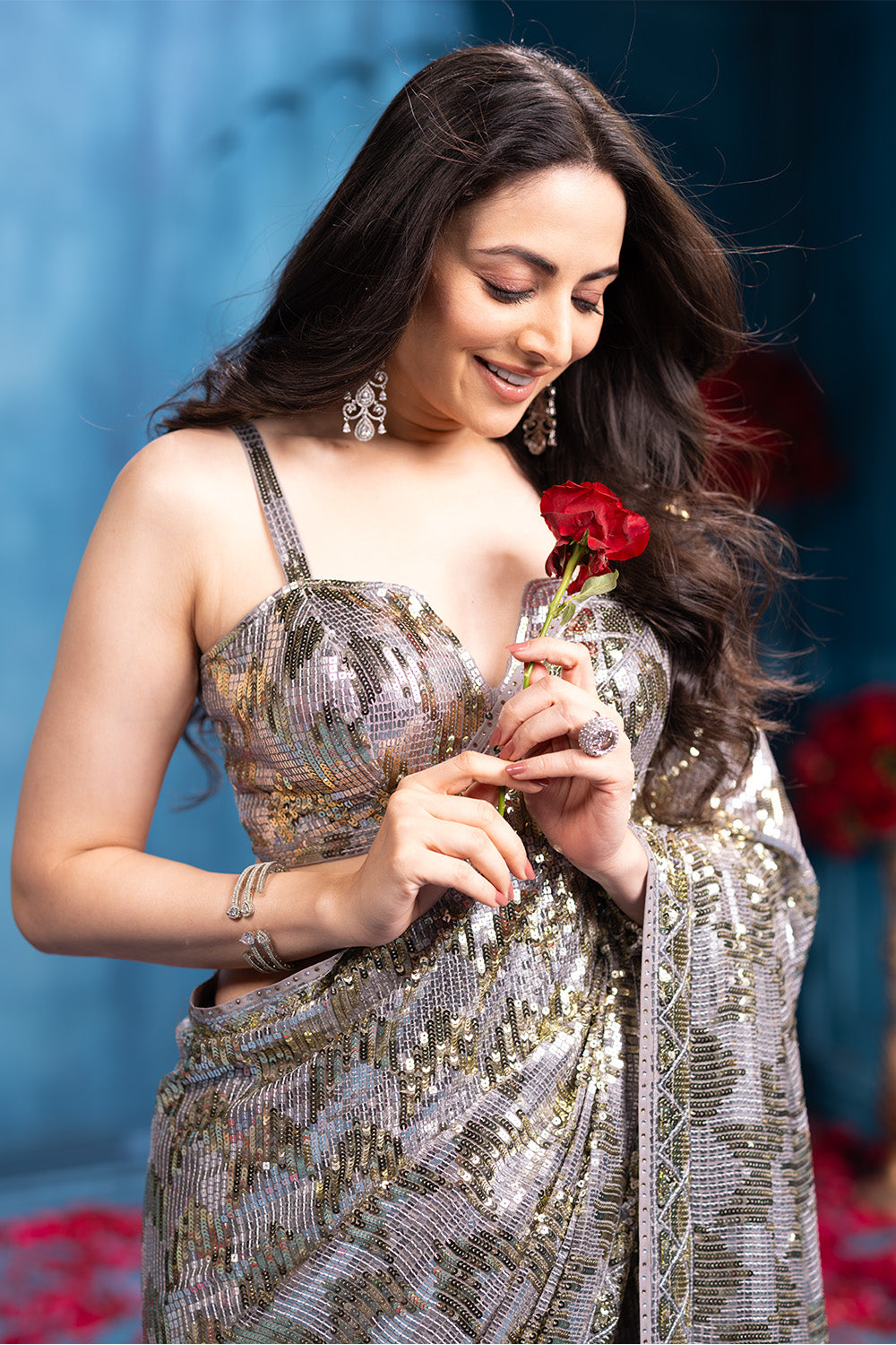 Grey Pure Georgette Sequins Embroidered Saree