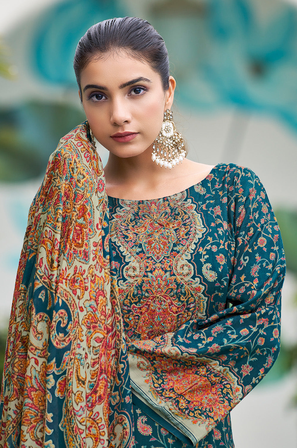 Teal Blue Muslin Floral Printed Unstitched Suit Material