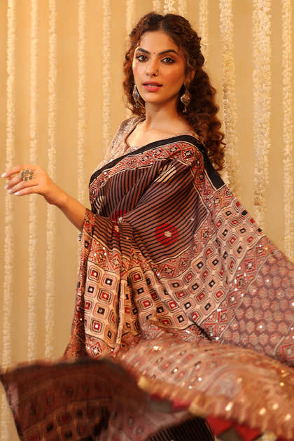 Light Brown Pure Mulberry Silk Printed And Embroidered Saree