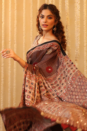 Light Brown Pure Mulberry Silk Printed And Embroidered Saree