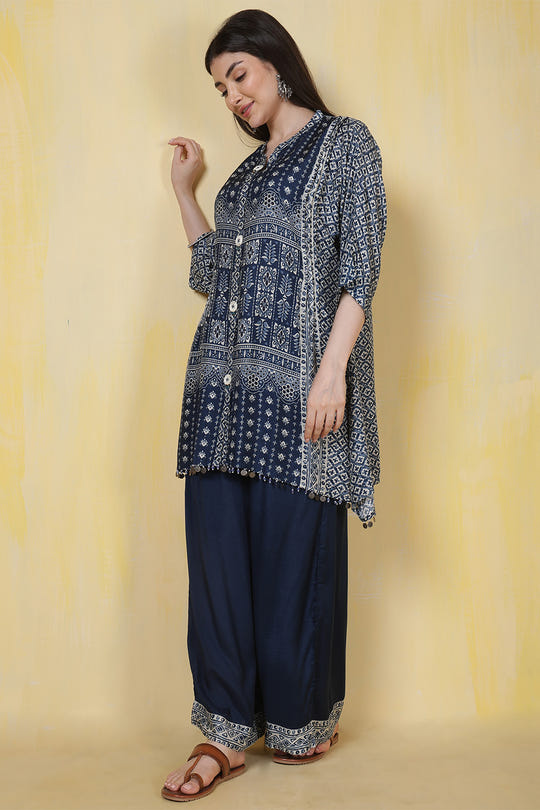 Navy Blue Muslin Printed Kurta Set