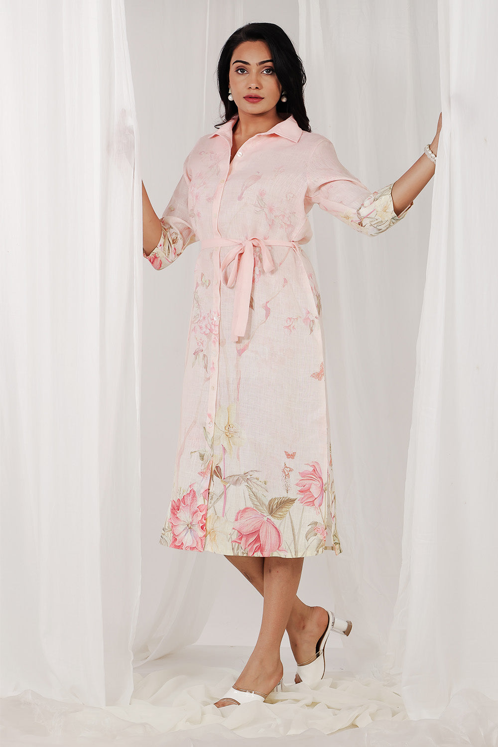 Light Peach Color Cotton Floral Printed Peonies Dress