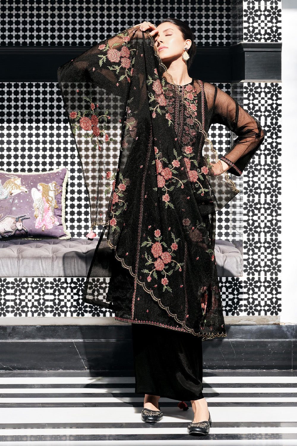 Black Kota Silk Double Layer Embroidered Unstitched Suit Fabric