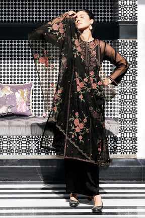 Black Kota Silk Double Layer Embroidered Unstitched Suit Fabric