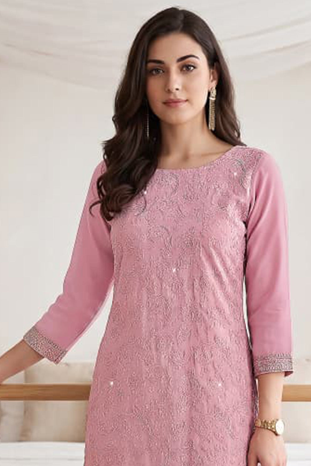 Pink Georgette Resham Embroidered And Swaroski Work Unstitched Suit Material