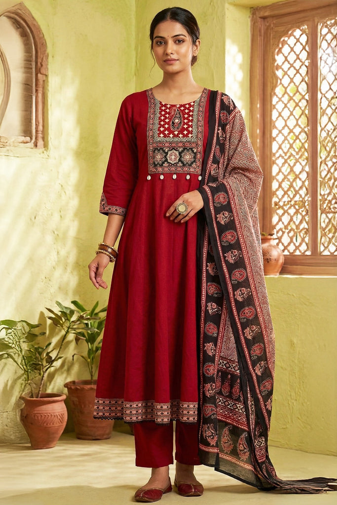 Maroon Neck-Printed Cotton Anarkali Suit