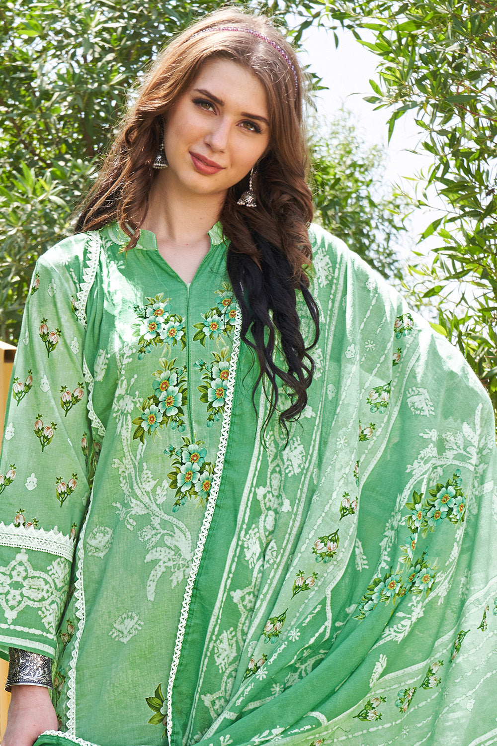 Green Color Floral Printed Cotton Unstitched Suit Fabric