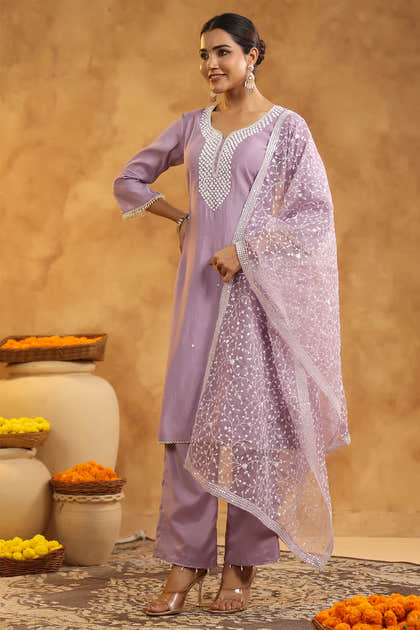 Light Lavender Color Cotton Neck Embroidered Unstitched Suit Fabric