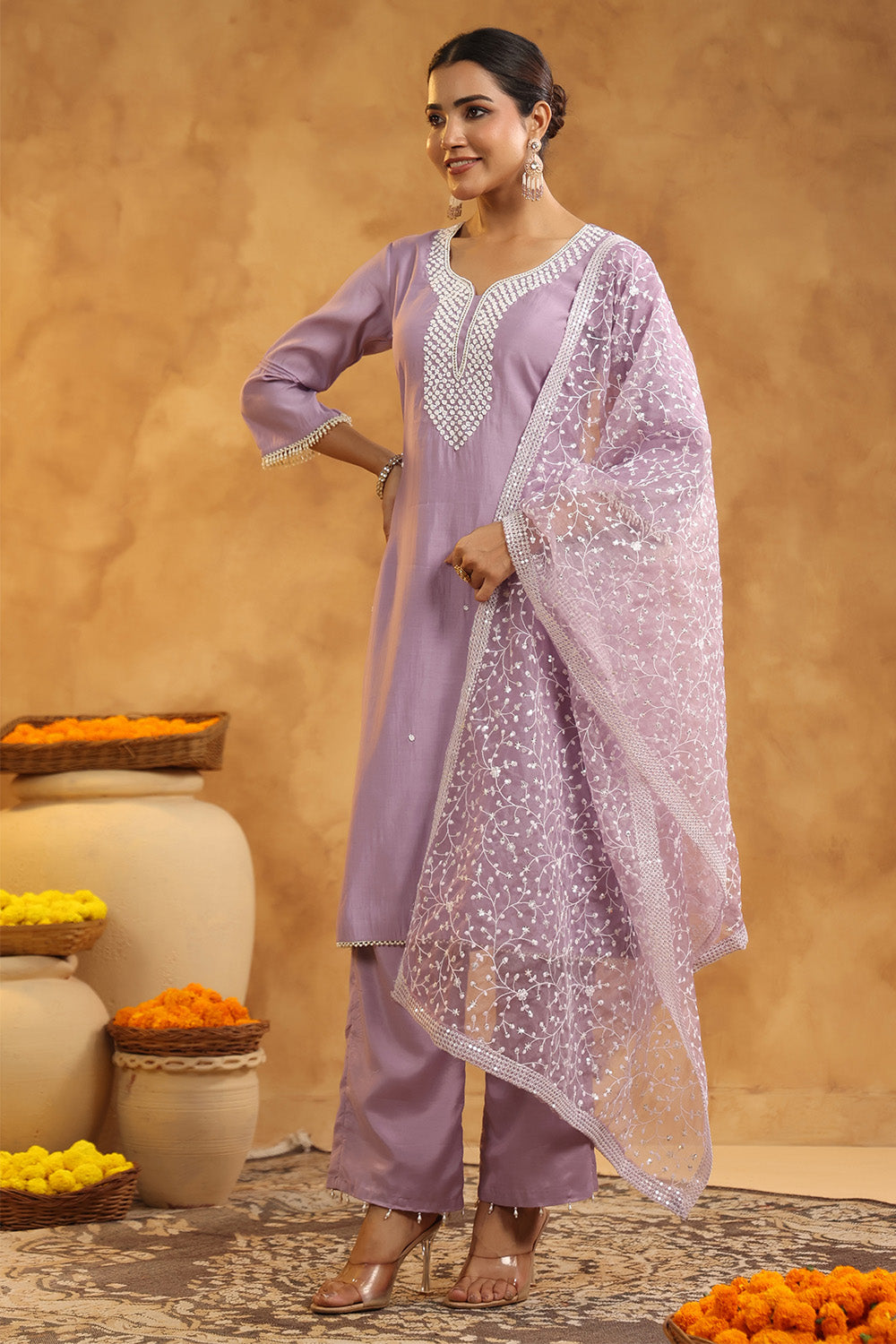 Light Lavender Color Cotton Neck Embroidered Unstitched Suit Fabric