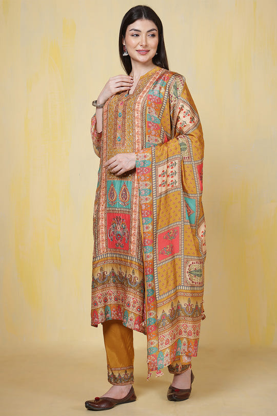 Mustard Printed Muslin Straight Suit